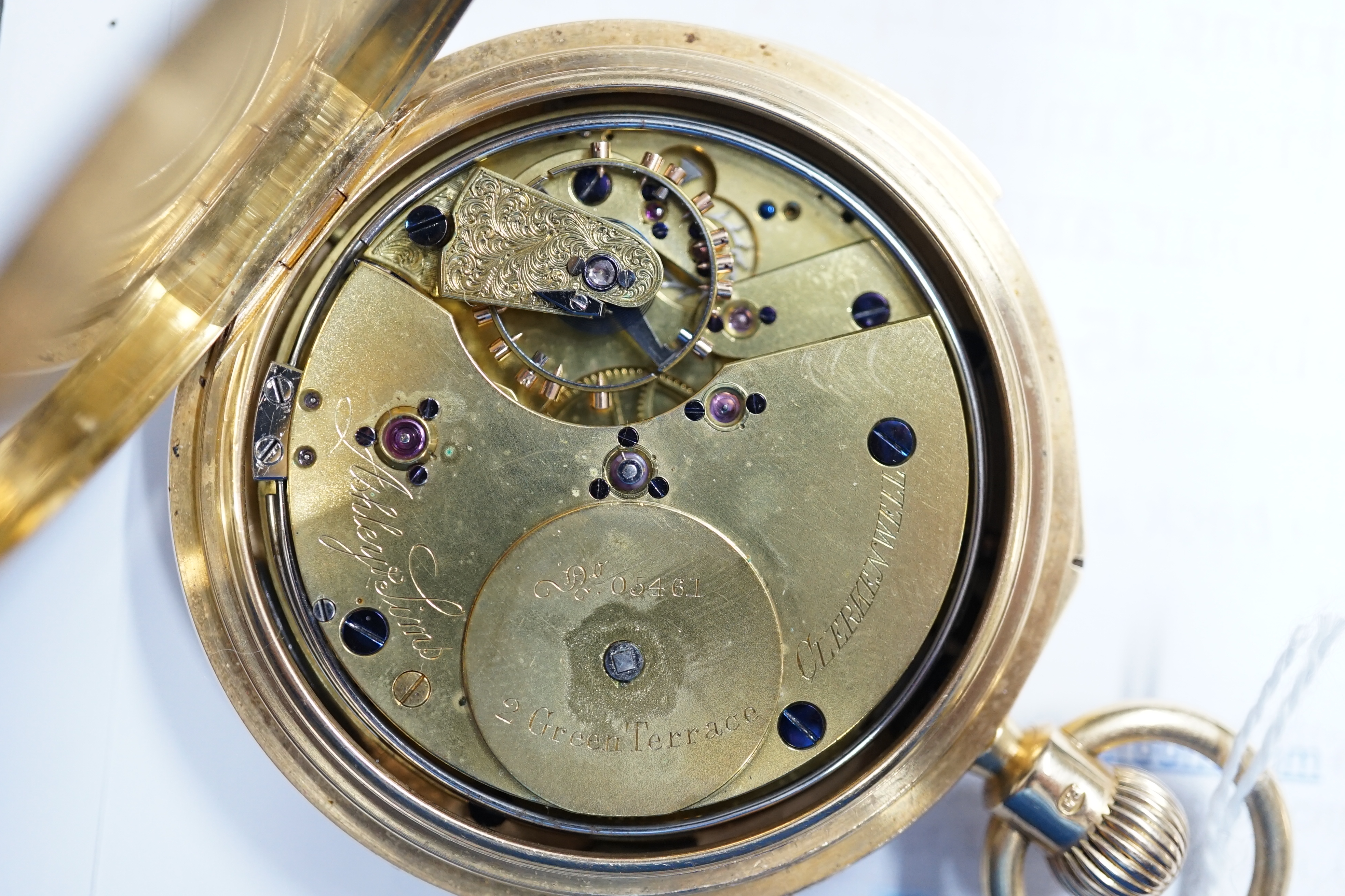 A George V 18ct gold hunter minute repeating lever pocket watch, by Ashley & Sims of Clerkenwell